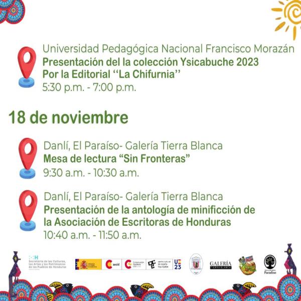 Les presentamos la agenda del III Encuentro de #Minificción #Centroamericana, por primera vez presencial en #Tegucigalpa #Honduras, les esperamos del 16 al 19 de noviembre junto a las escritoras invitadas e invitados de la región centroamericana. ✒📚🇲🇽🇬🇹🇭🇳🇳🇮🇸🇻🇵🇦🍃✨🎤 Minificción centroamericana  @ccetegucigalpa  @galeriatierrablanca  #MinifiCA23 #Paradiso #CCET #UPNFM #SECAPPH #Cantarranas #GaleriaTierraBlanca