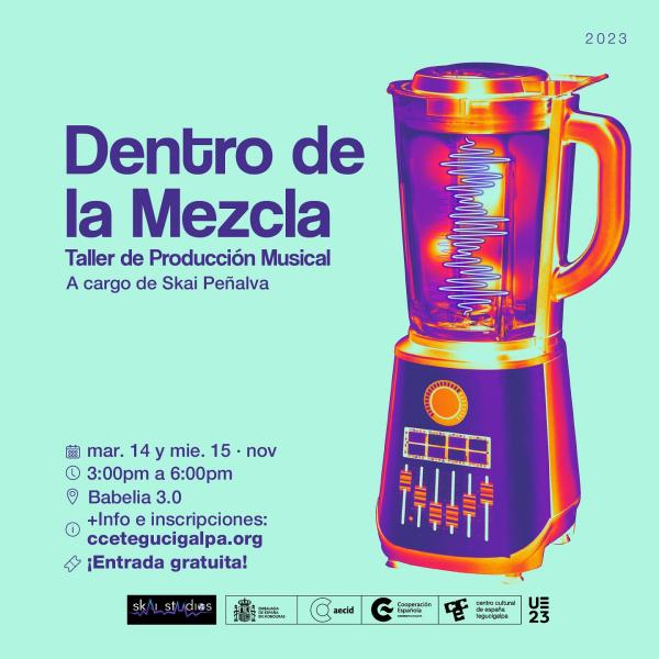 🎧¡Atención! Taller de producción musical Dentro de la Mezcla.  👨🏻‍💻Se llevará a cabo los días 14 y 15 de noviembre. Este emocionante taller será dirigido por Skai Peñalva, quien compartirá su experiencia y conocimientos en todas las etapas del proceso musical, desde la preproducción hasta la grabación, edición, mezcla y masterización.  🧑🏼‍🎤A partir de las 3:00 p. m., podrás sumergirte en el mundo de la producción musical y aprender habilidades tanto en software como en hardware.  🎶Este taller está d