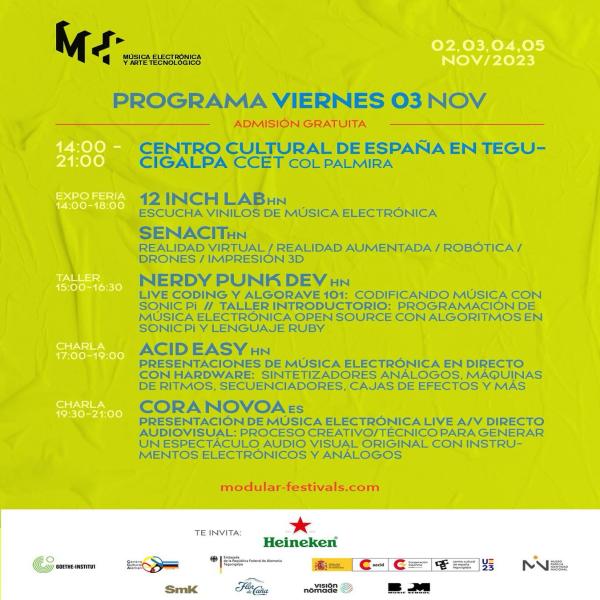 Ya se acerca el M + l 2023, te compartimos el programa completo de increíble festival de música electrónica.  🎹Vení y vibrá con nosotras al ritmo de la música electrónica, con talleres sobre producción de música, una exposición-feria que incluye audiciones de vinilos, robótica, drones, realidad virtual, impresión 3D, actuaciones en vivo, charlas, y sobre todo música electrónica live y mucho más de la mano de los mejores @modular_festivals en el CCET.  🛜𝕄á𝕤 𝕚𝕟𝕗𝕠𝕣𝕞𝕒𝕔𝕚ó𝕟: https://ccetegucigalpa.o