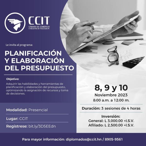 Forma parte del programa “Planificación y elaboración de presupuesto” para una mejor organización y toma de decisiones.  Realiza tu inscripción ➡️ https://bit.ly/3D5EEdn Más información 💻 diplomados@ccit.hn/8905-9561