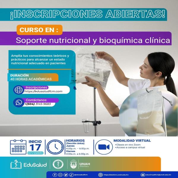 La Facultad de Ciencias Médicas a través del Programa de Educación Continúa en Salud (EduSalud) invita a profesionales y estudiantes del área de la salud a nivel nacional a formar parte de este nuevo curso en Soporte Nutricional y Bioquímica Clínica, modalidad virtual (clases en vivo por ZOOM) 📚🖥️  INICIO 17 DE NOVIEMBRE 2023