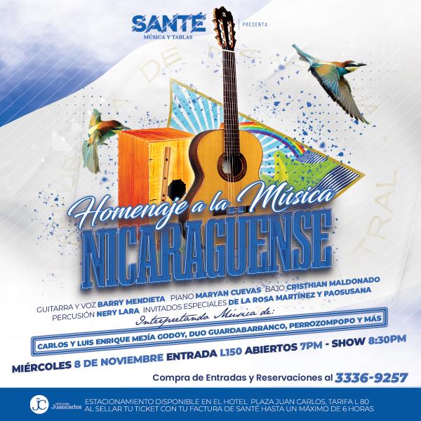 🎙️MIÉRCOLES PARA RENDIRLE HOMENAJE A LOS GRANDES CANTAUTORES NICARAGUENSES 🇳🇮 #VeniteASanté este miércoles 8 de noviembre para que nos deleitemos con la música del hermano país centroamericano, una noche donde disfrutaremos éxitos de reconocidos artistas nicaragüenses: Carlos Mejía Godoy, Luis Enrique Mejía, Dúo Guardabarranco, Perrozompopo y otros más, interpretado por: Barry Mendieta 🎙🎸 Voz y Guitarra Maryan Cuevas 🎹 Piano Cristhian Maldonado 🎸 Bajo "Chino" Nery Lara 🪘 Percusiones De La Rosa Martí