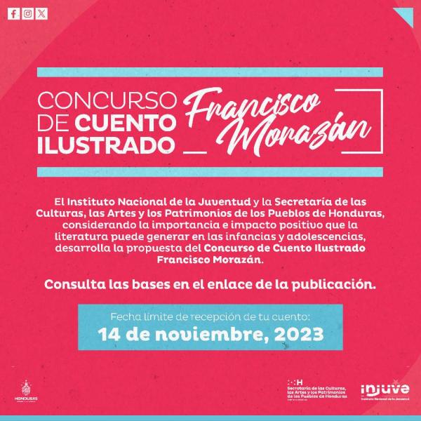 📣 ¡Atención juventud!  Se extiende plazo para participar en el Concurso de Cuento Ilustrado. 🥳  Si tenés entre 12 y 30 años, ¡Este es tu momento de brillar! ✨  🗓️ El plazo de inscripción finaliza el lunes 14 de noviembre de 2023. ¡No perdás la oportunidad de ser parte de este emocionante viaje creativo! 🚀  Para participar debés seguir estos tres simples pasos:  1. Ingresá a nuestro sitio web para conocer las bases del concurso: https://www.injuve.gob.hn/concurso...  2. ¡Inscribite al concurso a través d