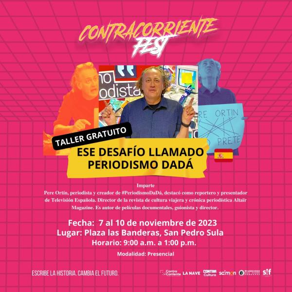 Contracorriente Fest 2023 - Taller: Ese desafío llamado periodismo Dadá  En este taller, Peré Ortín nos invita nos invita a desconfiar de las palabras y las imágenes del periodismo convencional y nos propone discutir las formas y las lógicas tradicionales del periodismo convencional—que él denomina Periodismo GaGá como expresión coloquial de lo viejo, antiguo y oxidado que ha perdido el sentido. En este taller nos dirigimos nuestros artistas, periodistas, documentalistas, locutores  Sobre el tallerista: Per