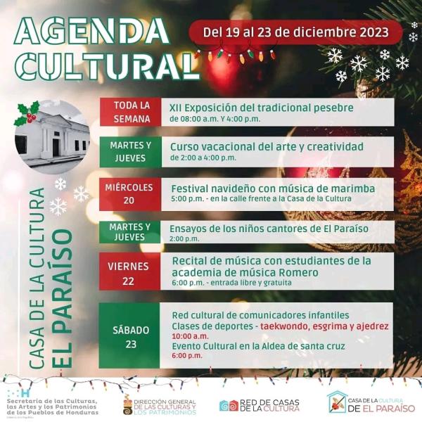Agenda cultural, de la Casa de la Cultura de El Paraíso