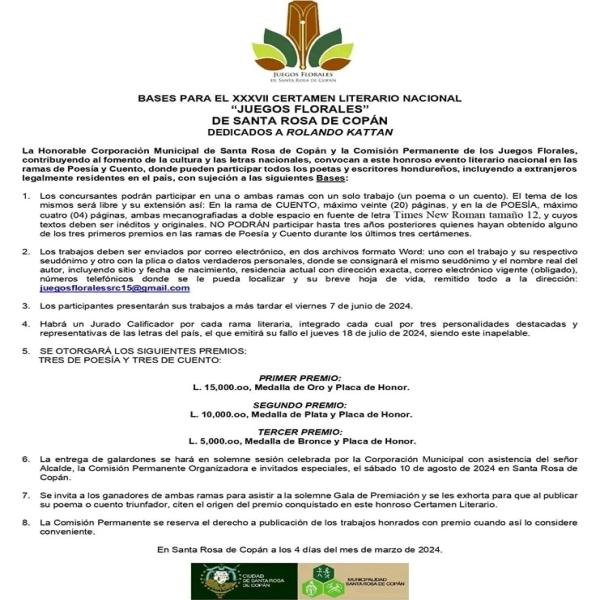 Certamen Literario Nacional Juegos Florales de Santa Rosa de Copán en su XXXVII Edición - Año 2024