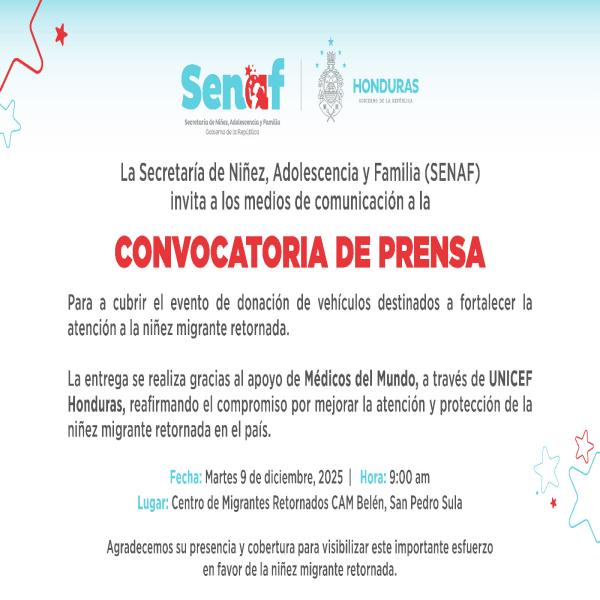 SENAF: Entrega de vehículos destinados a fortalecer la atención de la niñez migrante retornada